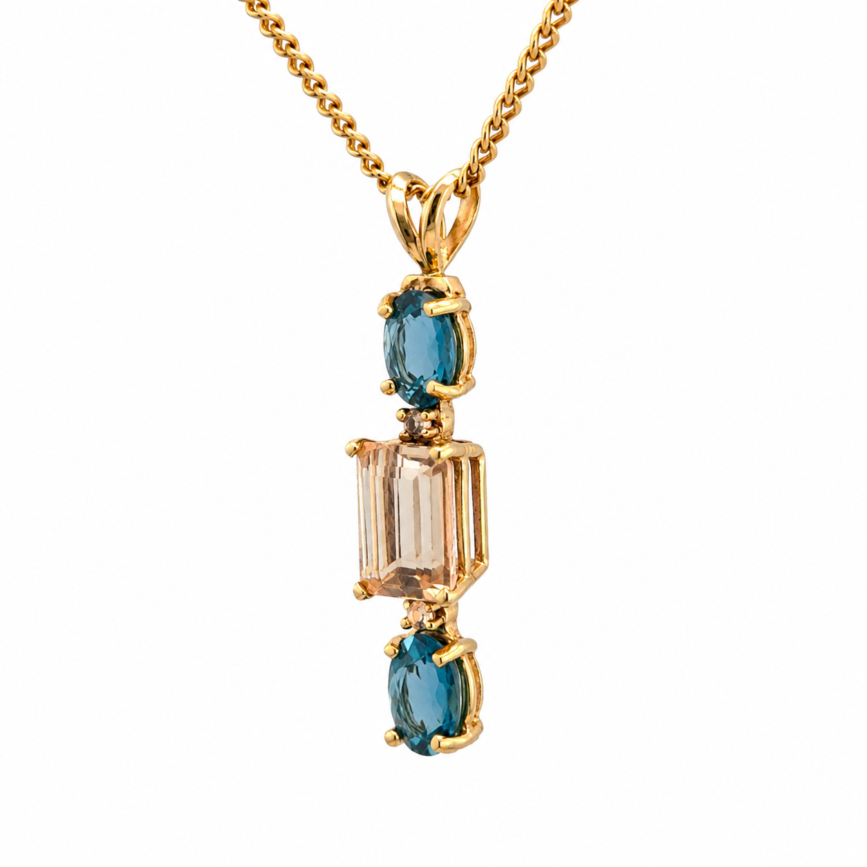 14K Yellow Gold Multi-Stone Pendant Blue Topaz & Smoky Quartz