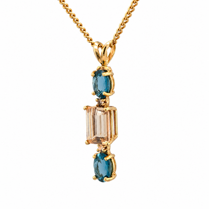 14K Yellow Gold Multi-Stone Pendant Blue Topaz & Smoky Quartz