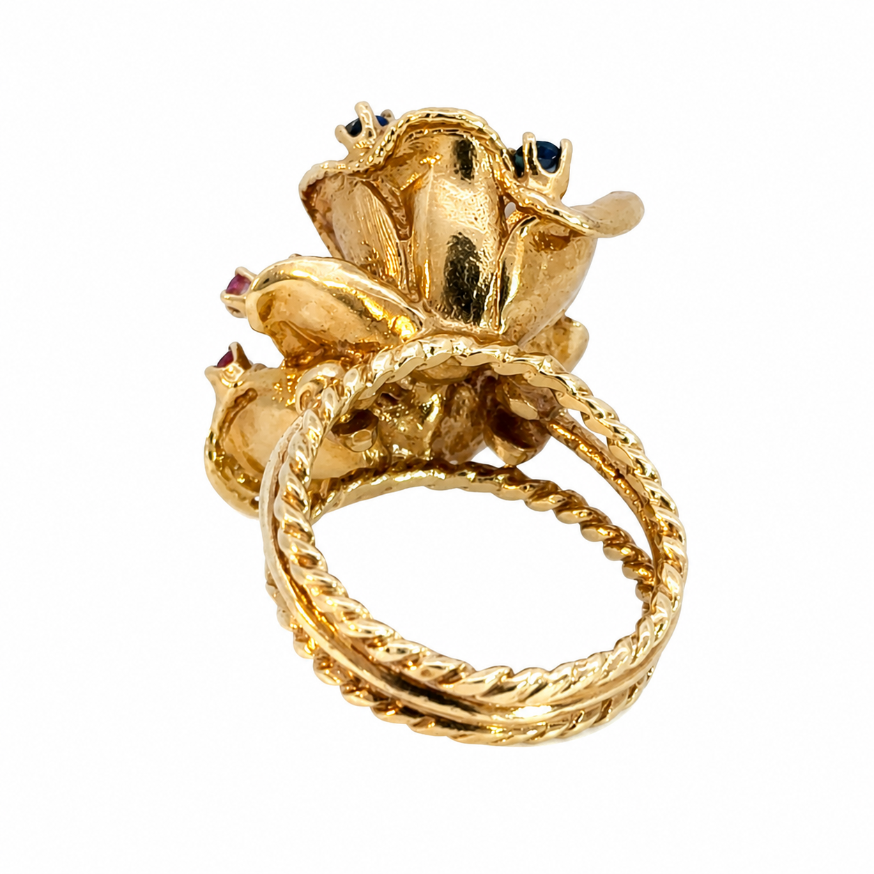 1960’s     Vintage 14K Gold Ruby & Sapphire Double Bloom Ring