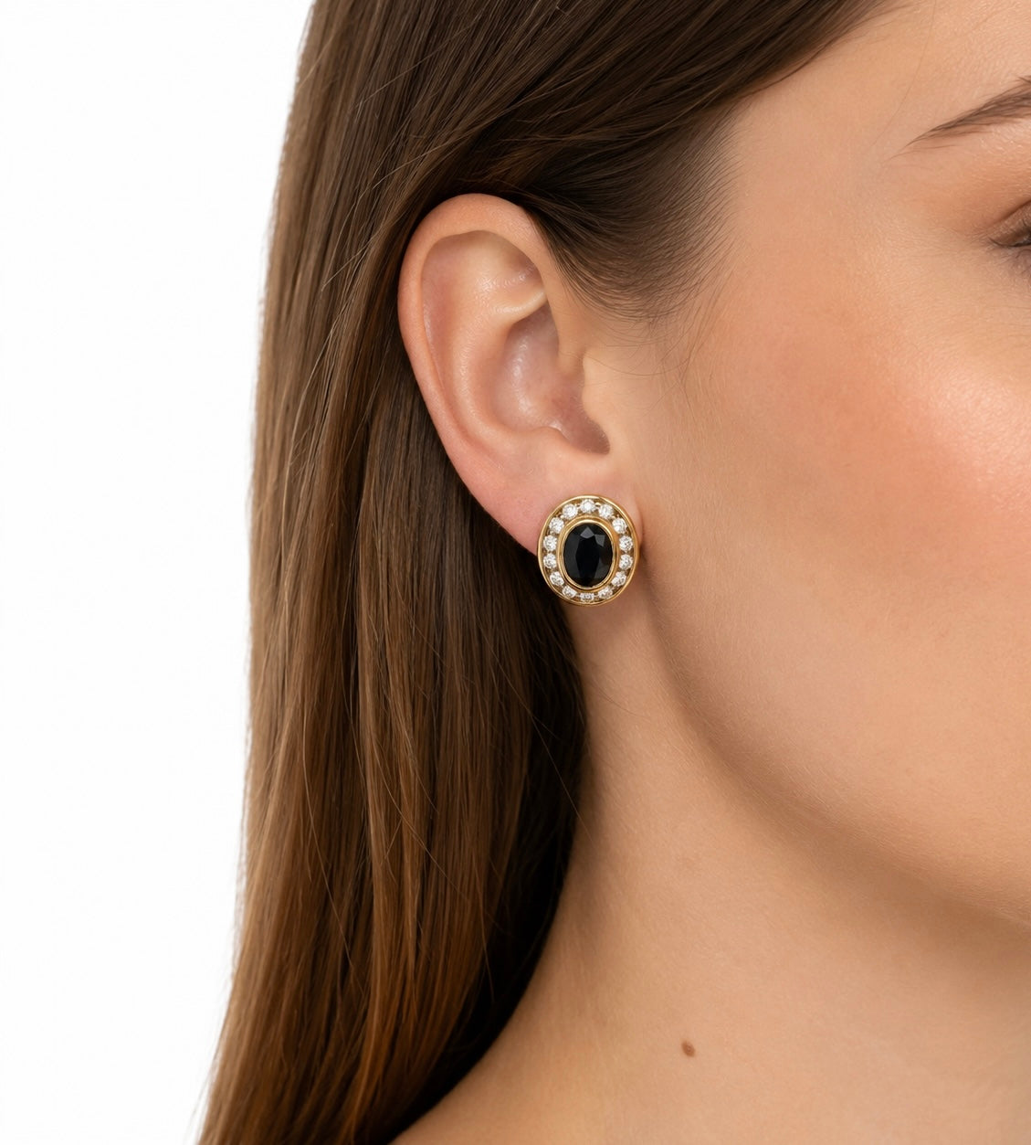 Dark Sapphire & Diamond Vintage Earrings in 18K Yellow Gold