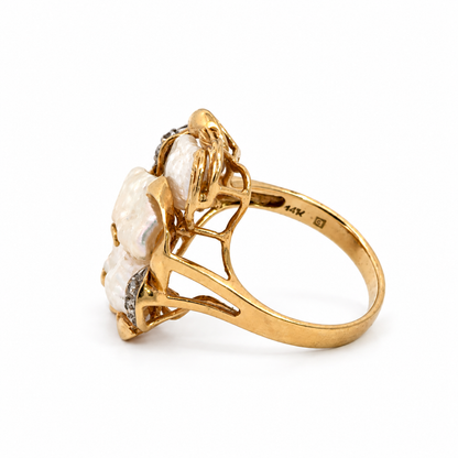 Vintage 14K Yellow Gold Baroque Freshwater Pearl & Diamond Statement Ring