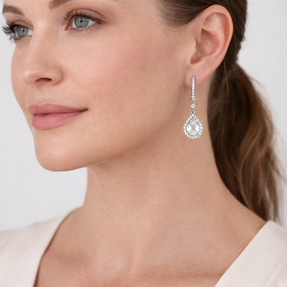 18K White Gold Diamond Teardrop Drop Earrings – Halo Cluster Design