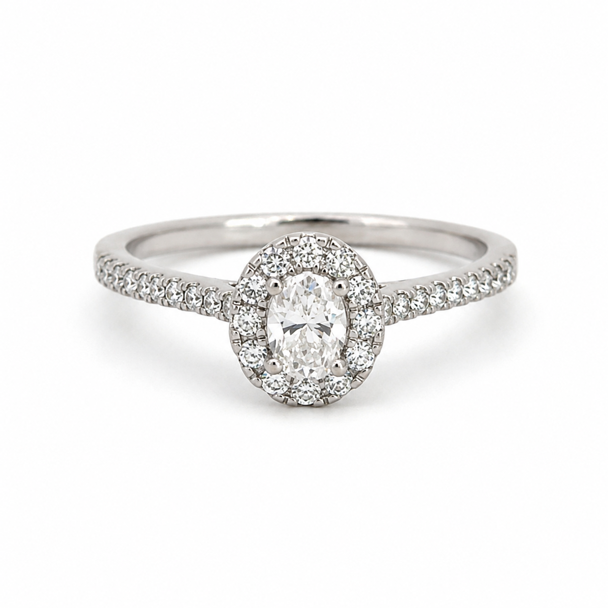 14K White Gold Lab-Grown Oval Diamond Halo Ring with Leaf Detail