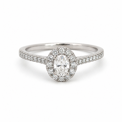 14K White Gold Lab-Grown Oval Diamond Halo Ring with Leaf Detail
