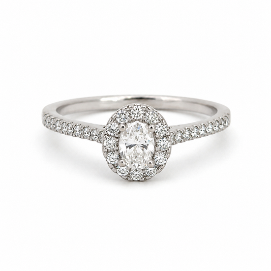 14K White Gold Lab-Grown Oval Diamond Halo Ring with Leaf Detail