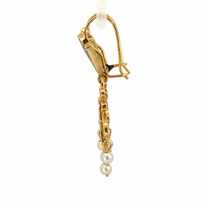 14K Yellow Gold Blue Enamel & Seed Pearl Filigree Chandelier Earrings
