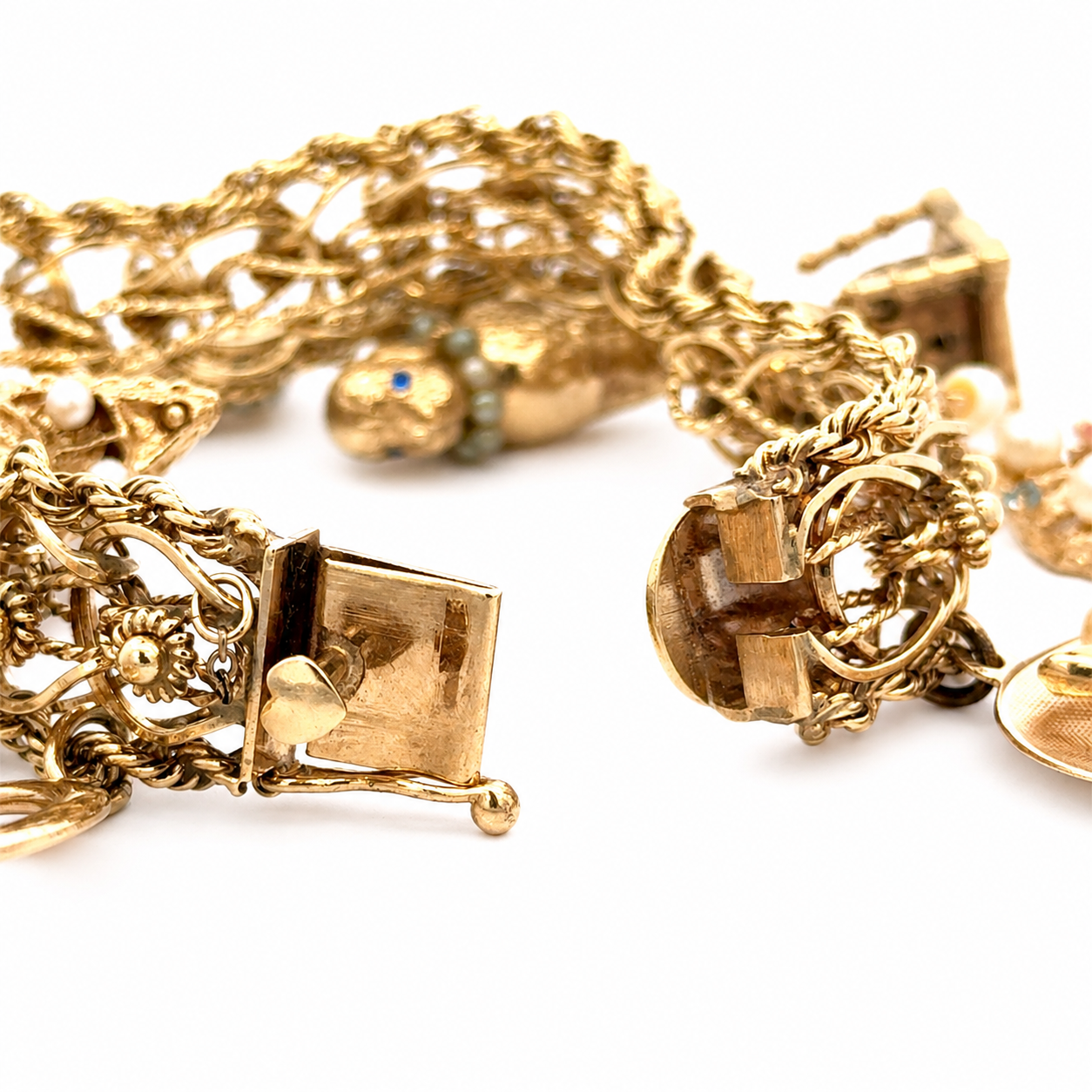 Vintage 14K Yellow Gold Story Charm Bracelet with Nine Gemstone & Pearl Charms