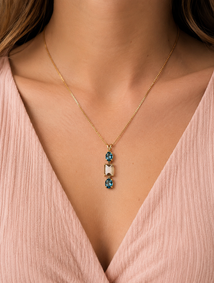 14K Yellow Gold Multi-Stone Pendant Blue Topaz & Smoky Quartz