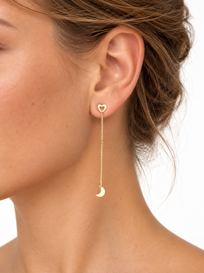 Yellow Gold Heart & Crescent Moon Chain Drop Earrings