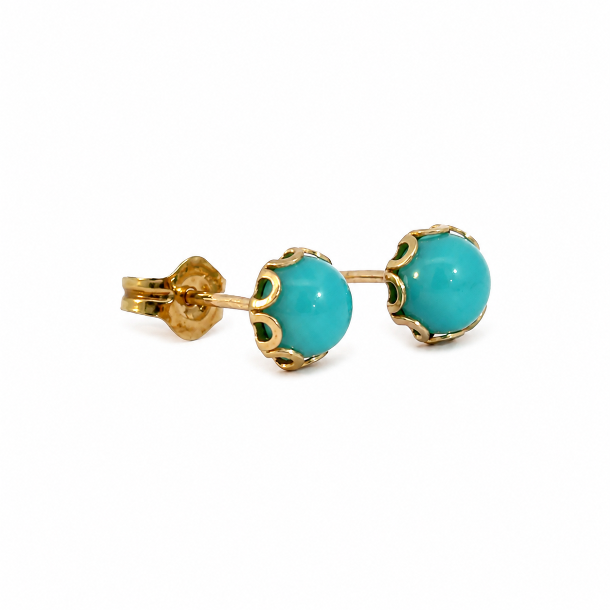 Petite Turquoise Cabochon Stud Earrings in 14K Scalloped Gold