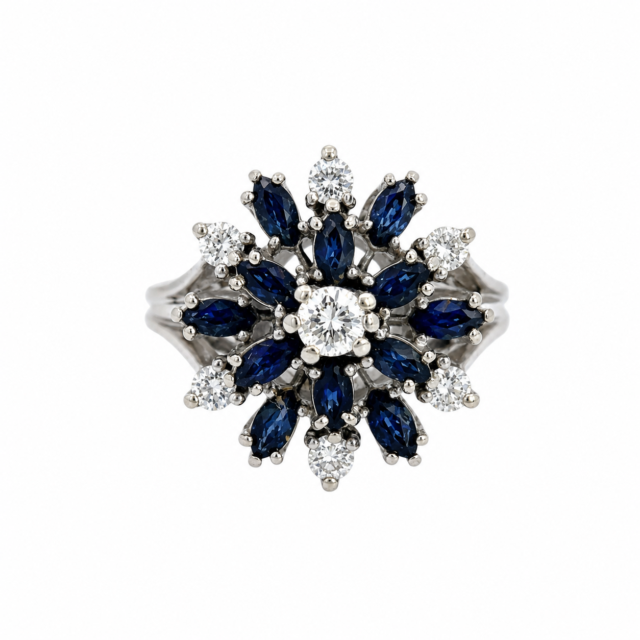 14K White Gold Sapphire Starburst Diamond Ring Vintage Estate