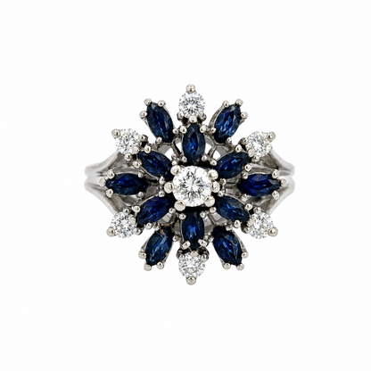 14K White Gold Sapphire Starburst Diamond Ring Vintage Estate