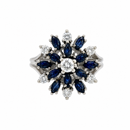 14K White Gold Sapphire Starburst Diamond Ring Vintage Estate
