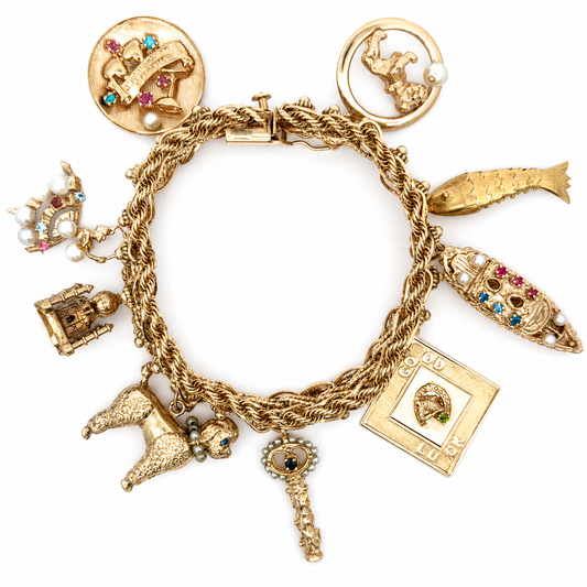 Vintage 14K Yellow Gold Story Charm Bracelet with Nine Gemstone & Pearl Charms