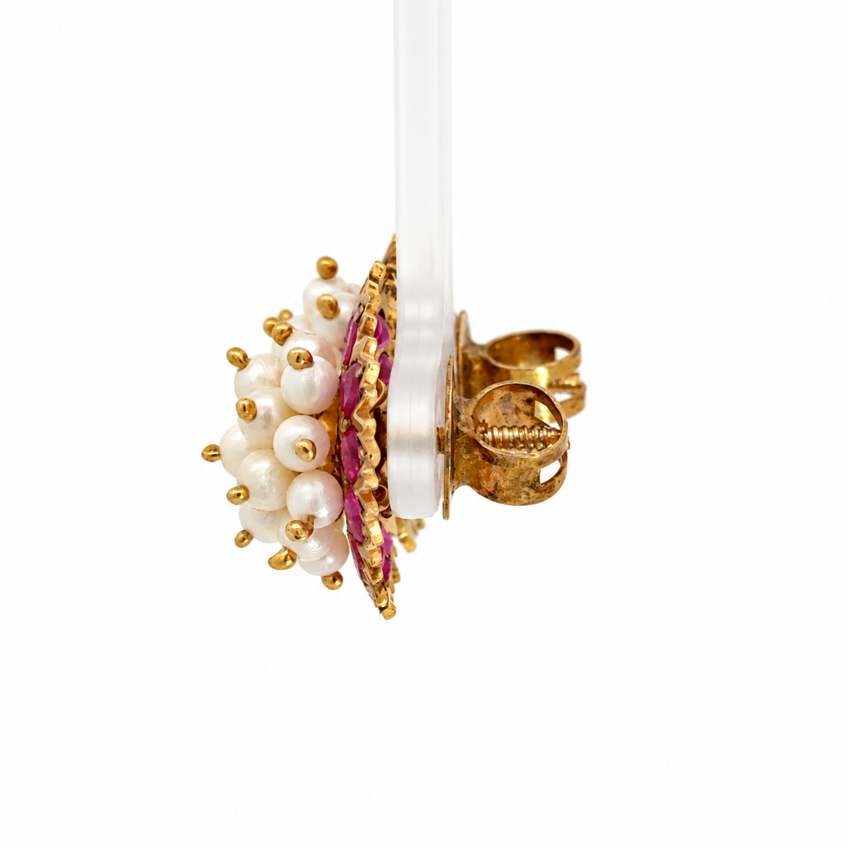 Vintage Retro 14K Rose Gold Ruby & Seed Pearl Floral Earrings