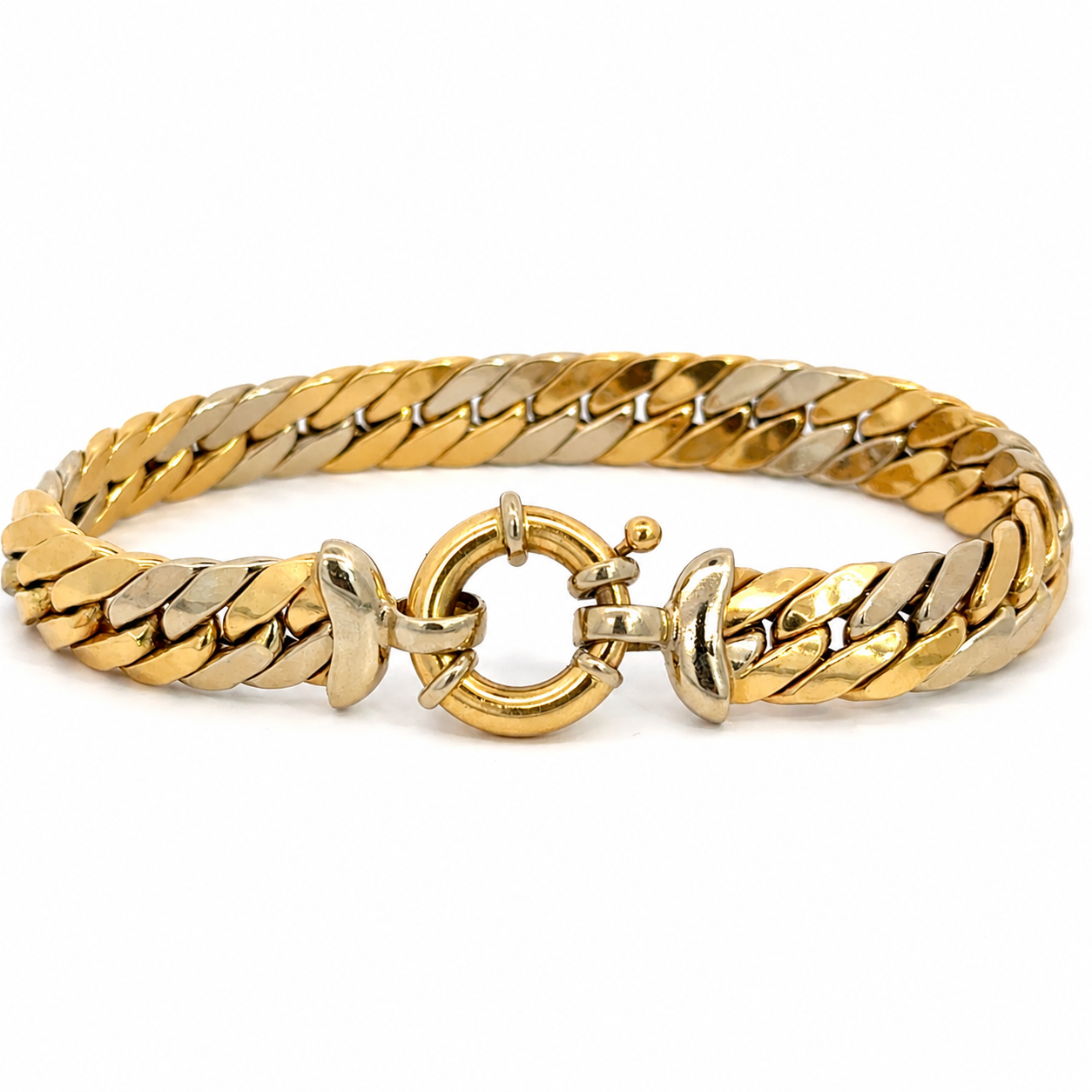 Vintage 1980’s 18K Two-Tone Gold Woven Link Bracelet with Decorative Spring Ring Clasp