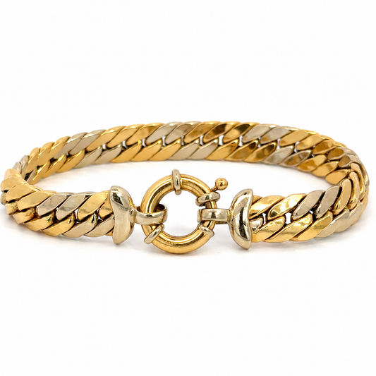 Vintage 1980’s 18K Two-Tone Gold Woven Link Bracelet with Decorative Spring Ring Clasp