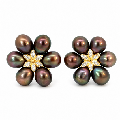 14K Yellow Gold Oval Black Pearl Flower Earrings