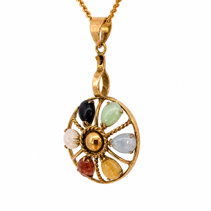 Vintage 14K Yellow Gold Multi-Color Jade Sunburst Pendant