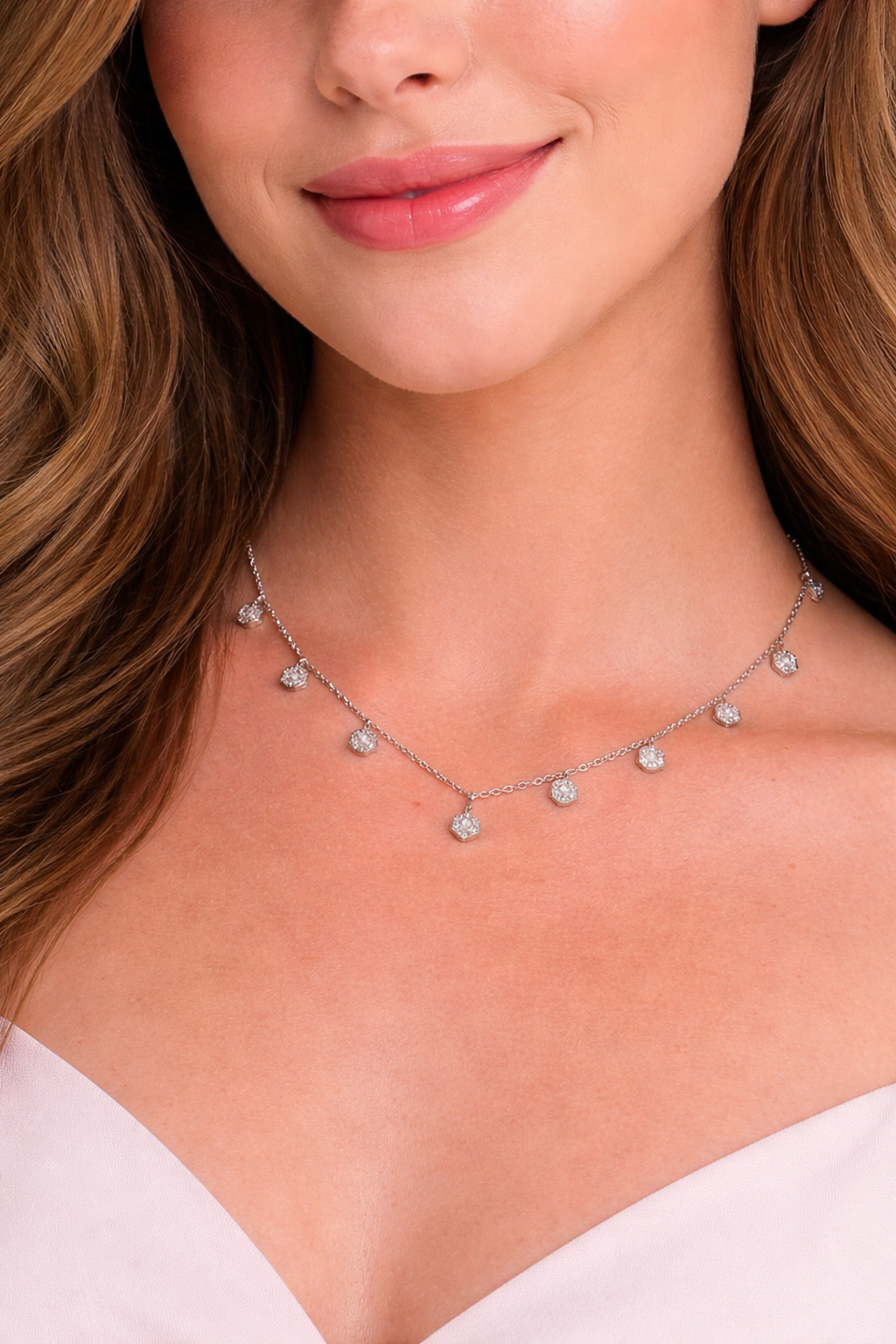 18K White Gold Dangling Diamond Flower Necklace