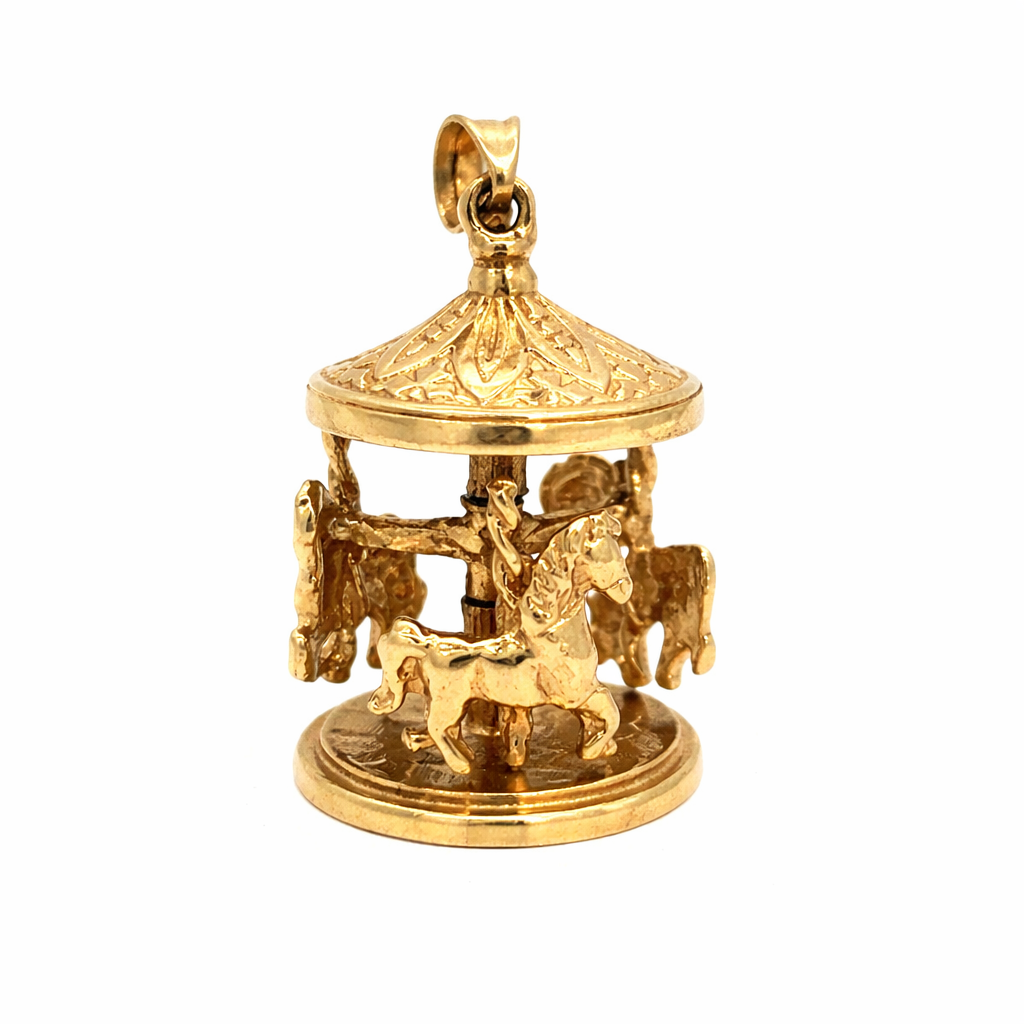 Vintage Carousel Charm with Moving Horses in 14K Yellow Gold