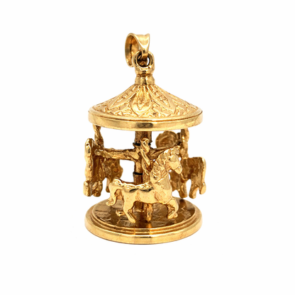 Vintage Carousel Charm with Moving Horses in 14K Yellow Gold