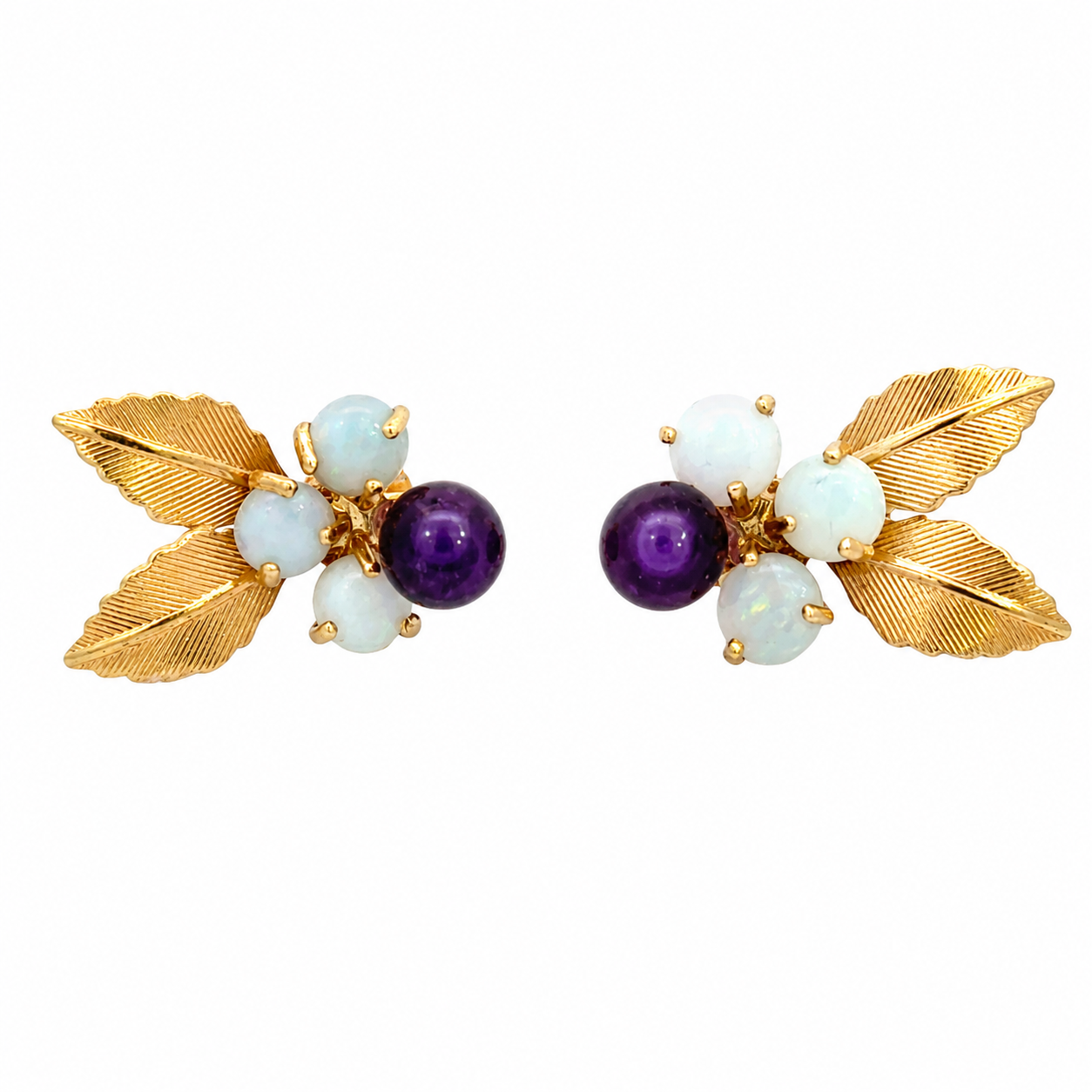 Vintage 14K Gold Opal & Amethyst Leaf Earrings
