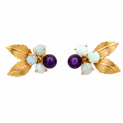 Vintage 14K Gold Opal & Amethyst Leaf Earrings
