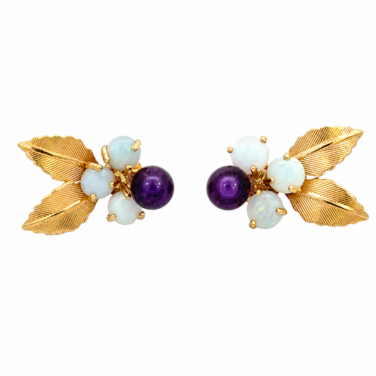 Vintage 14K Gold Opal & Amethyst Leaf Earrings