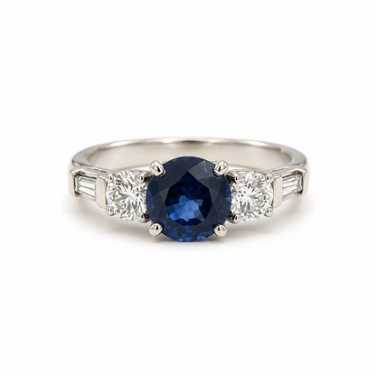 Vintage Platinum Blue Sapphire & Diamond Ring with Filigree