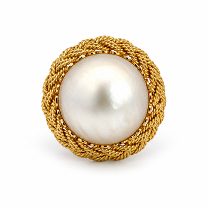 Vintage 14K Yellow Gold Mabé Pearl Ring and Earring Set with Braided Gold Surround