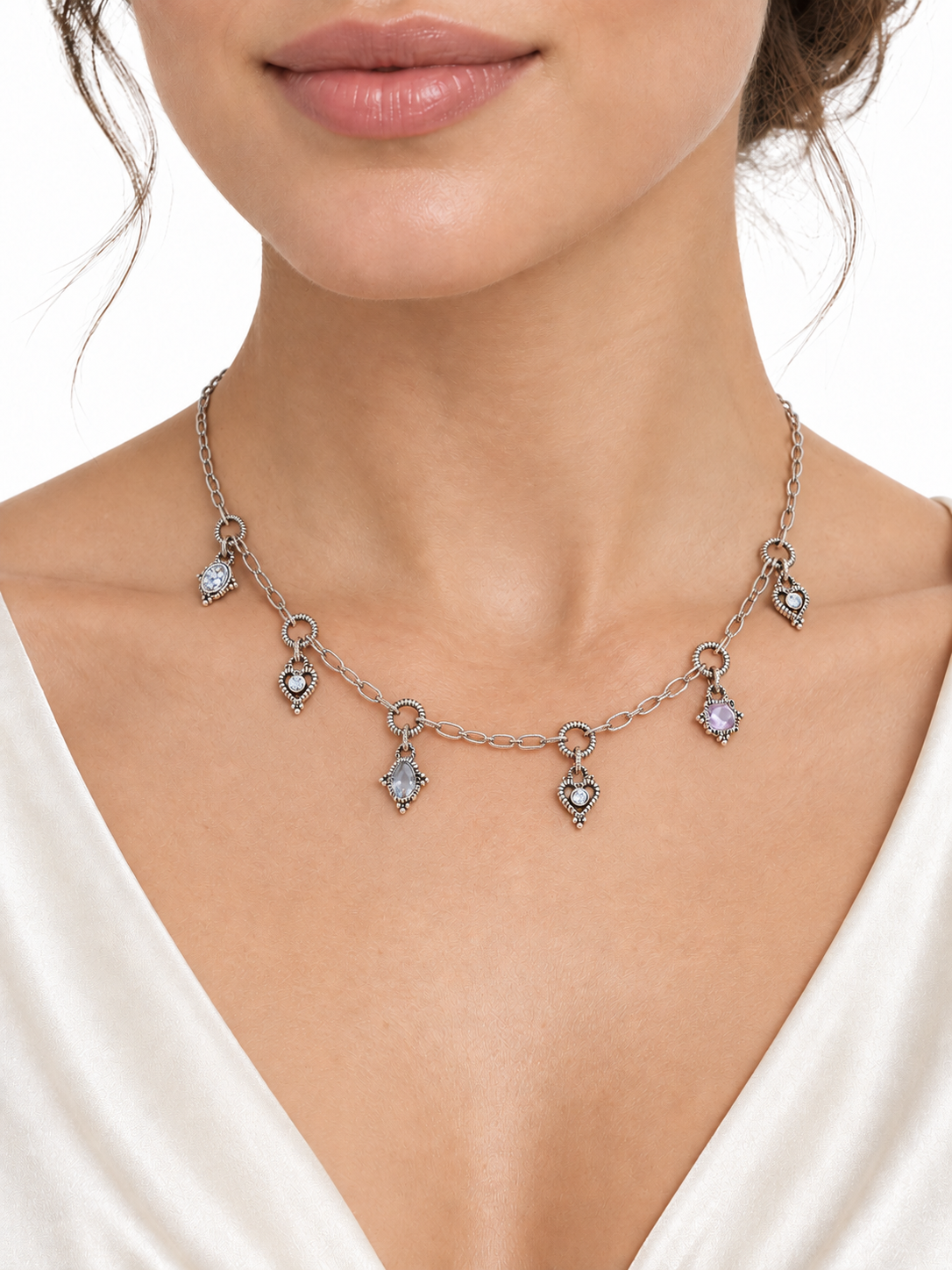 Judith Ripka 18K White Gold Diamond & Pastel Gemstone Six-Charm Necklace, 16.5 Inches