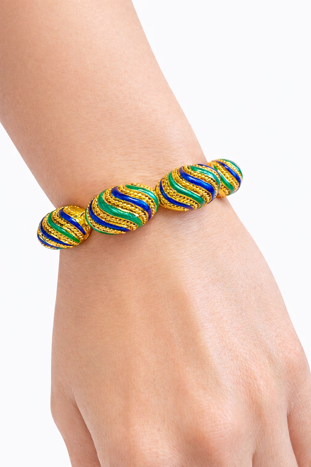 Vintage 18K Yellow Gold Green & Blue Enamel Bracelet – 1950s