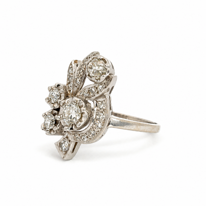Vintage 14K White Gold Diamond Floral Bouquet Ring