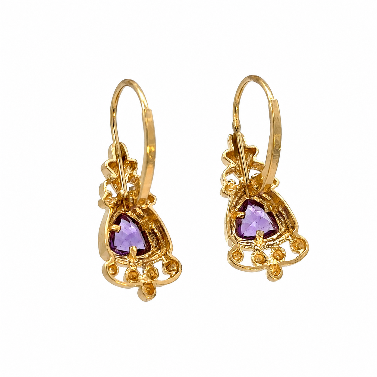 14K Yellow Gold Trillion-Cut Amethyst Ornate Drop Earrings