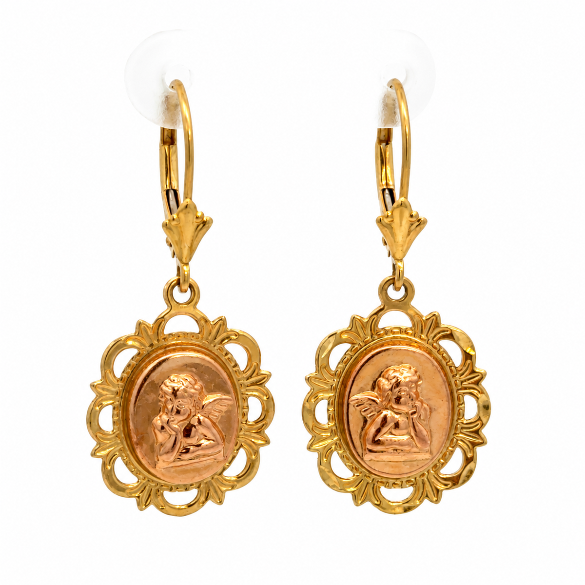 14K Yellow Gold Cherub Medallion Drop Earrings