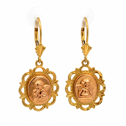 14K Yellow Gold Cherub Medallion Drop Earrings