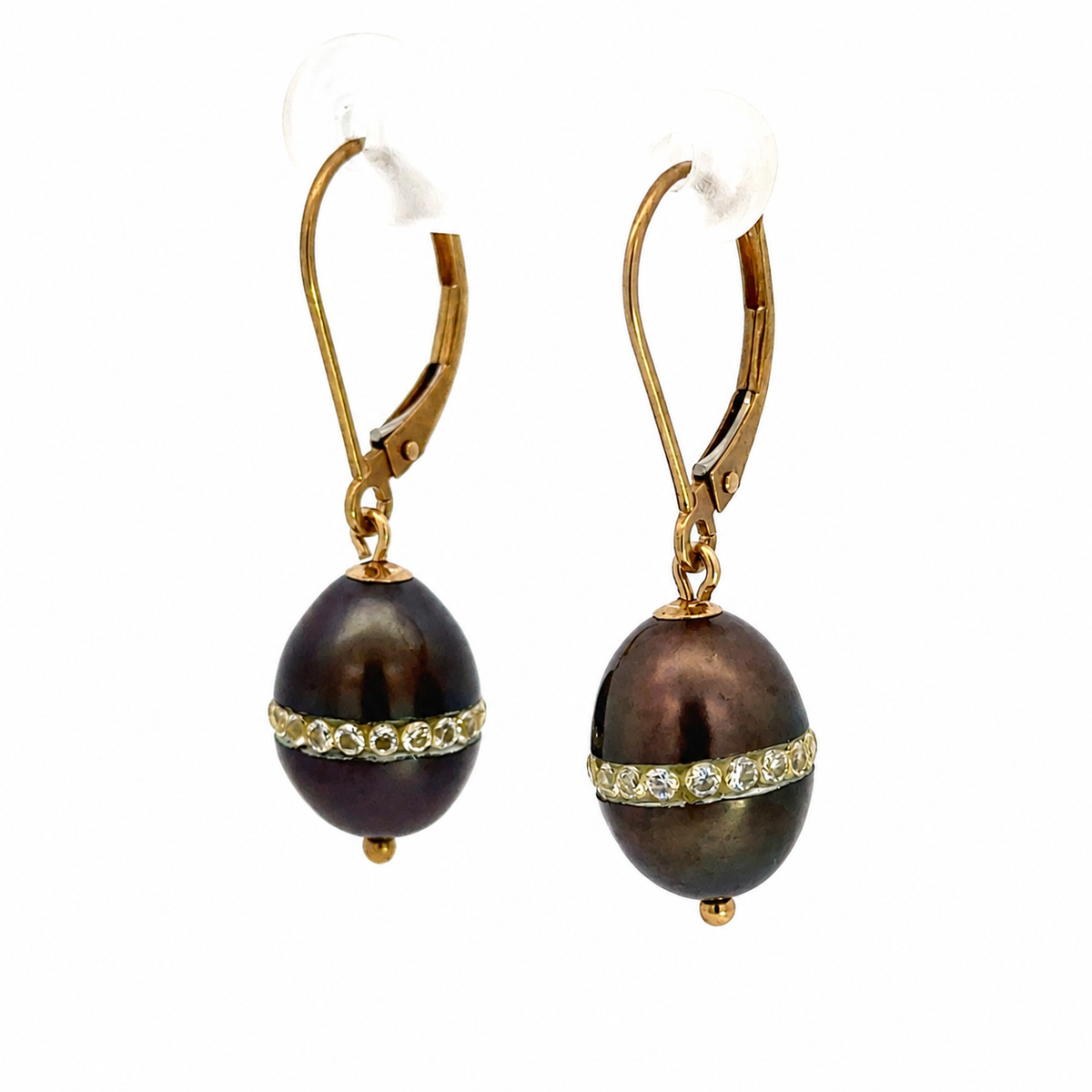Vintage 14K Yellow Gold Black Pearl & Cubic Zirconia Drop Earrings