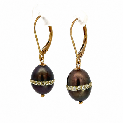 Vintage 14K Yellow Gold Black Pearl & Cubic Zirconia Drop Earrings