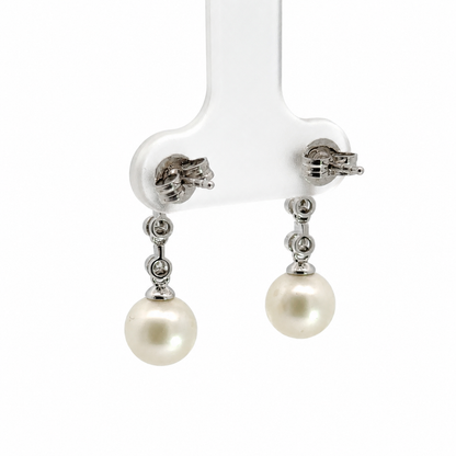 Classic White Gold Diamond & Pearl Drop Earrings | Elegant Estate Jewelry