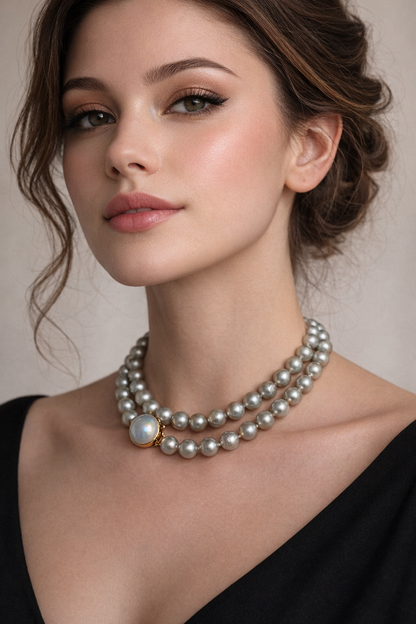 Natural Gray Pearl Necklace 35” with Blue-Green Overtone & 14K Gold Pearl Clasp