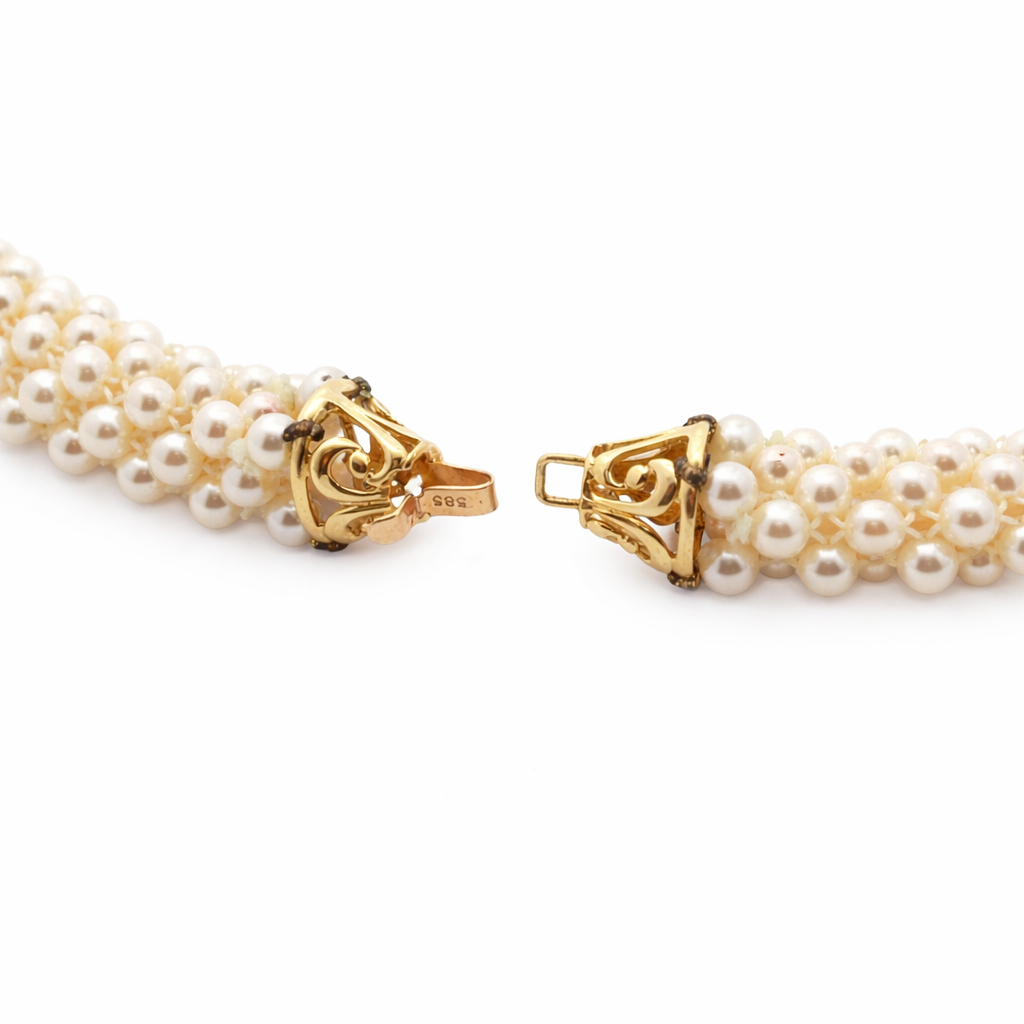 Vintage Pearl Necklace with Ruby & Diamonds 18K Pendant