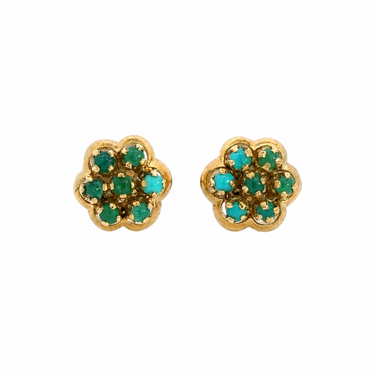 Vintage Yellow Gold Turquoise Flower Screw Back Earrings