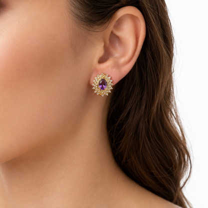 14K Yellow Gold Amethyst and Diamond Starburst Earrings