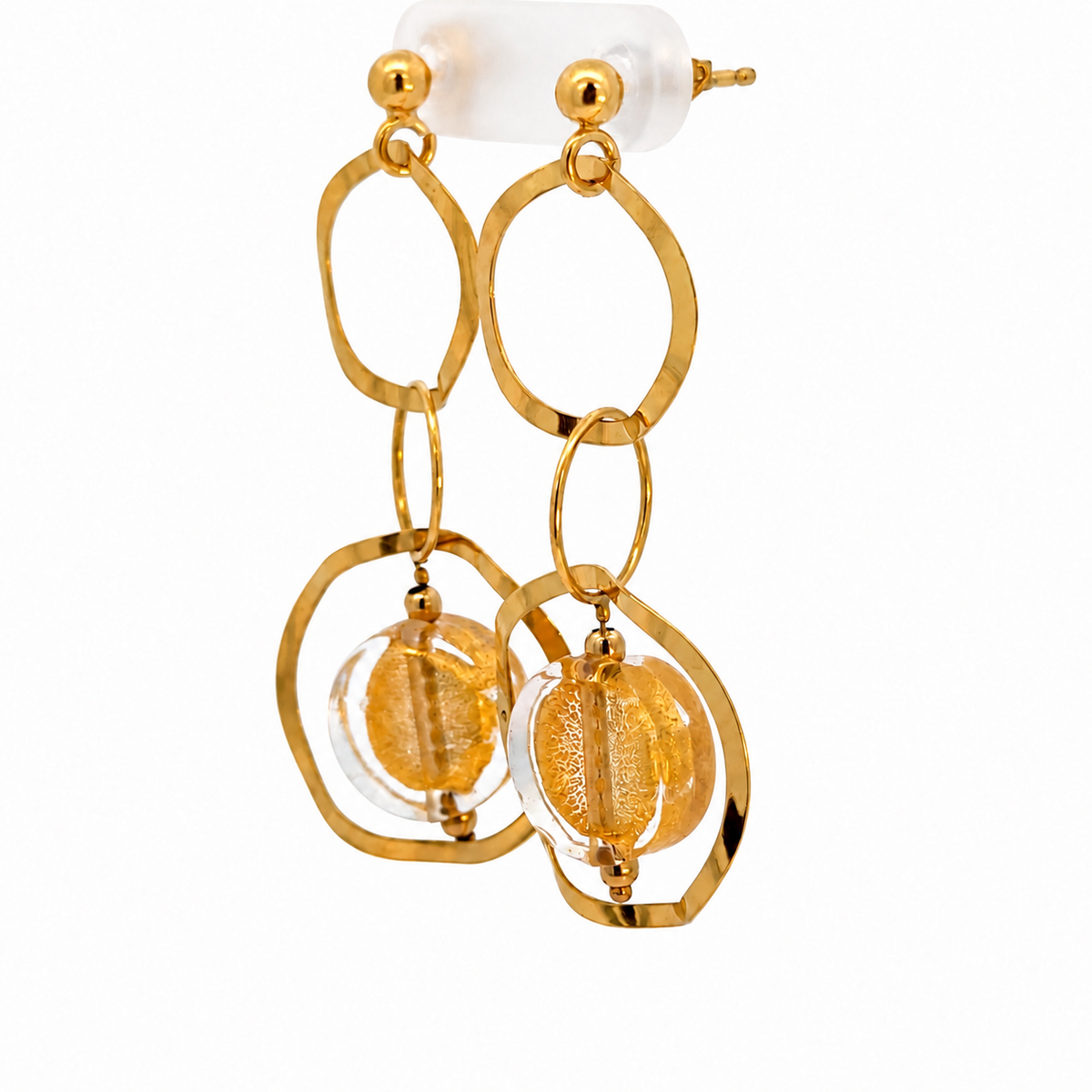 14K Yellow Gold Circle Drop Earrings with Golden Bead Accents