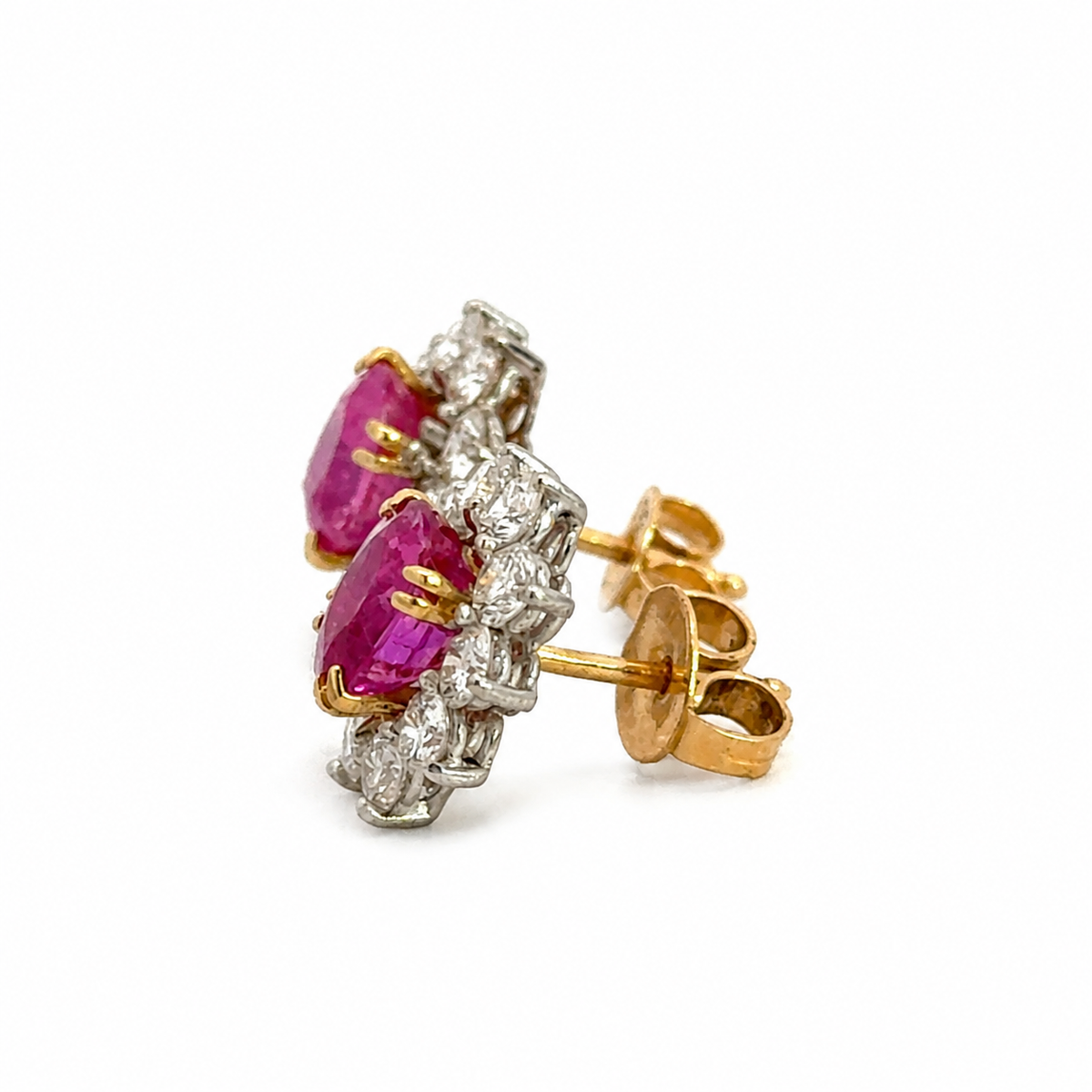 Bright Pink Ruby Diamond Halo Stud Earrings in 18K Two-Tone Gold
