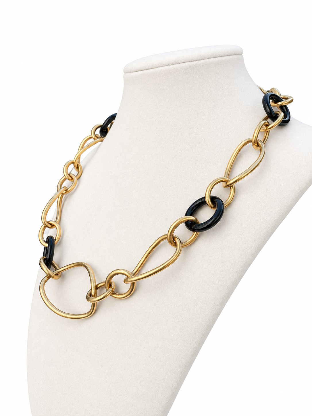 Italian 18K Yellow Gold & Black Onyx Sculptural Link Necklace — 20 Inches