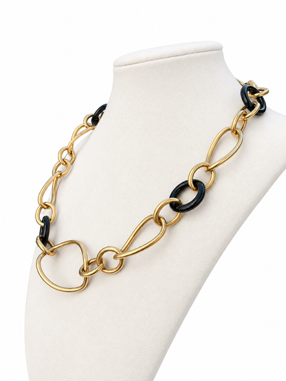 Italian 18K Yellow Gold & Black Onyx Sculptural Link Necklace — 20 Inches