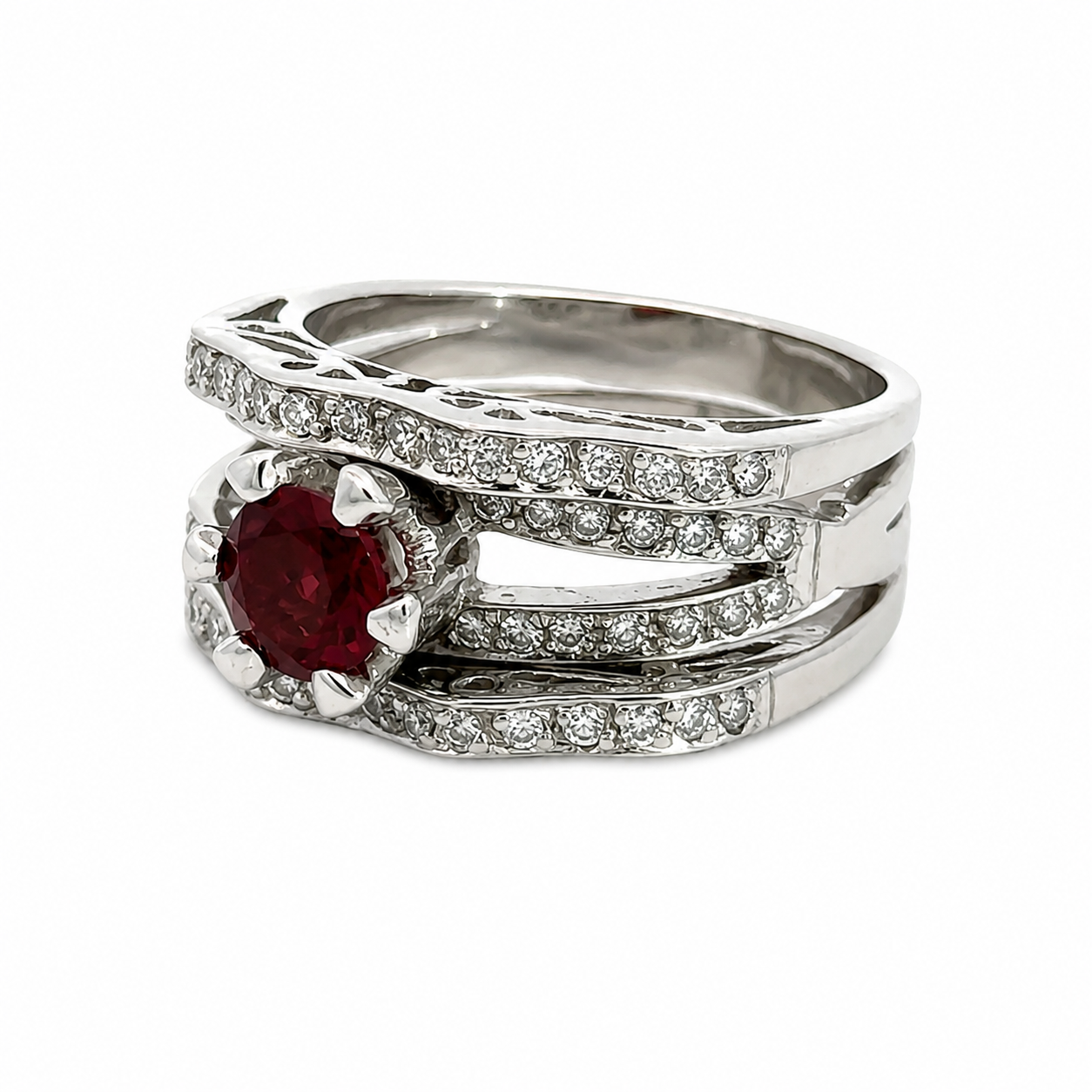 18K White Gold Garnet & Diamond Multi-Band Statement Ring