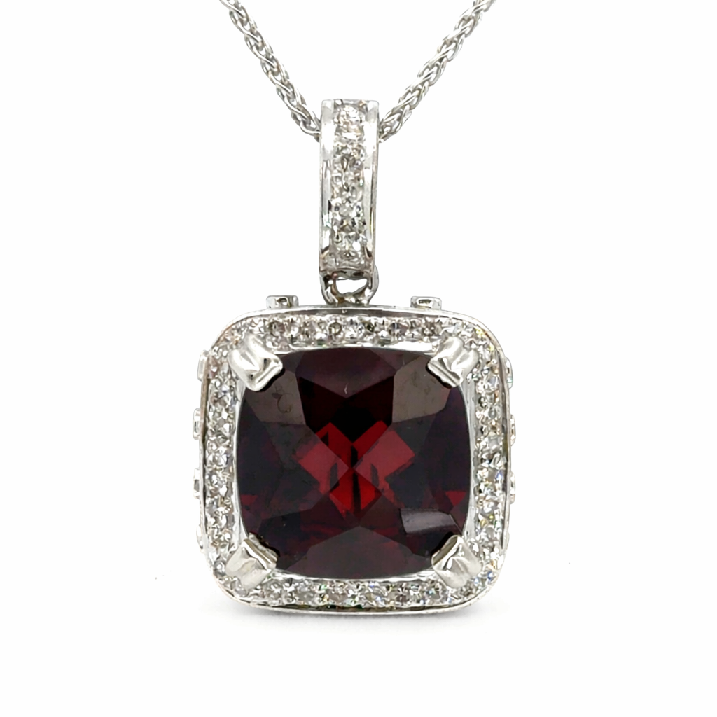 Cushion Cut Garnet Pendant with Diamond Halo 14K White Gold
